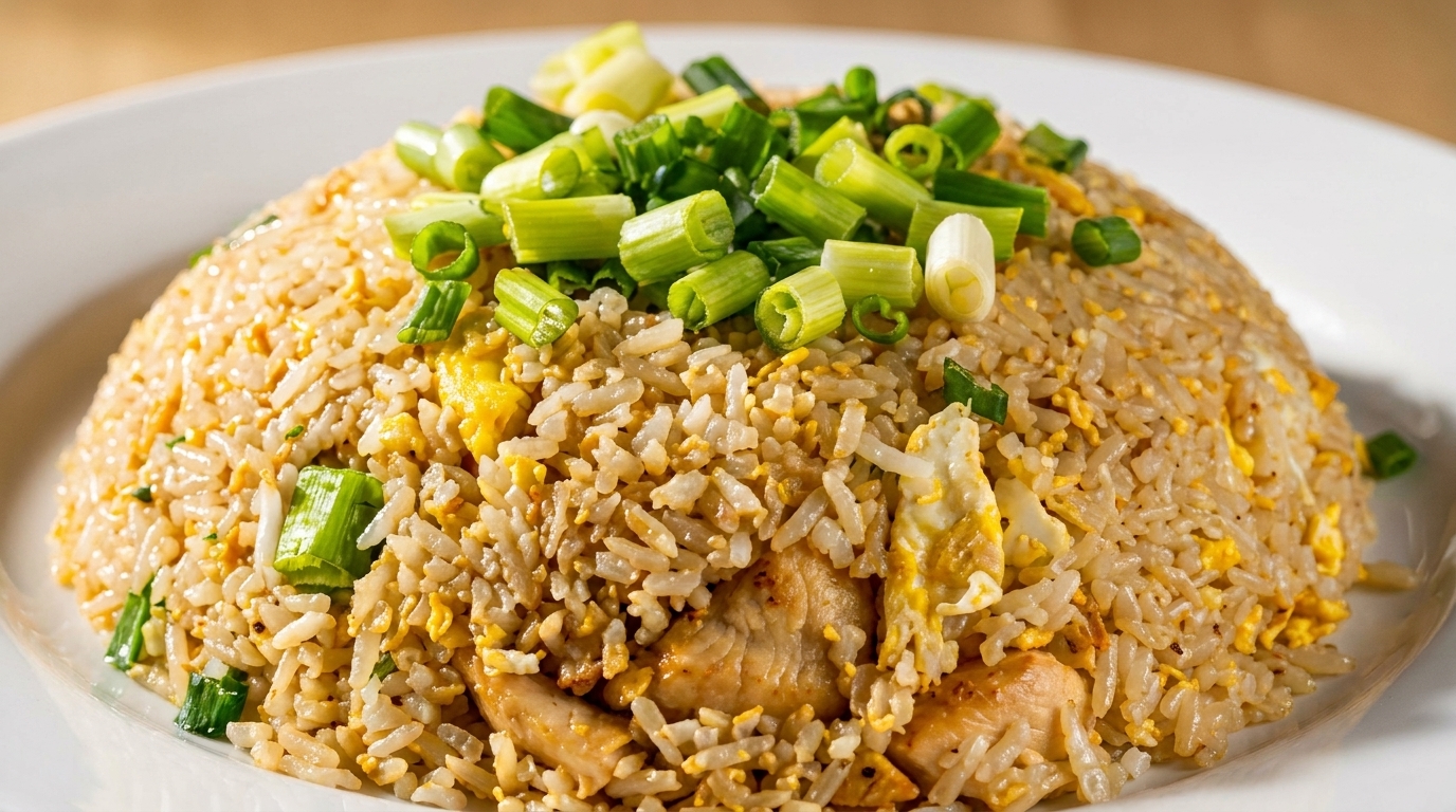 Chicken fried rice with scrambled egg and chopped green onions on a white plate.