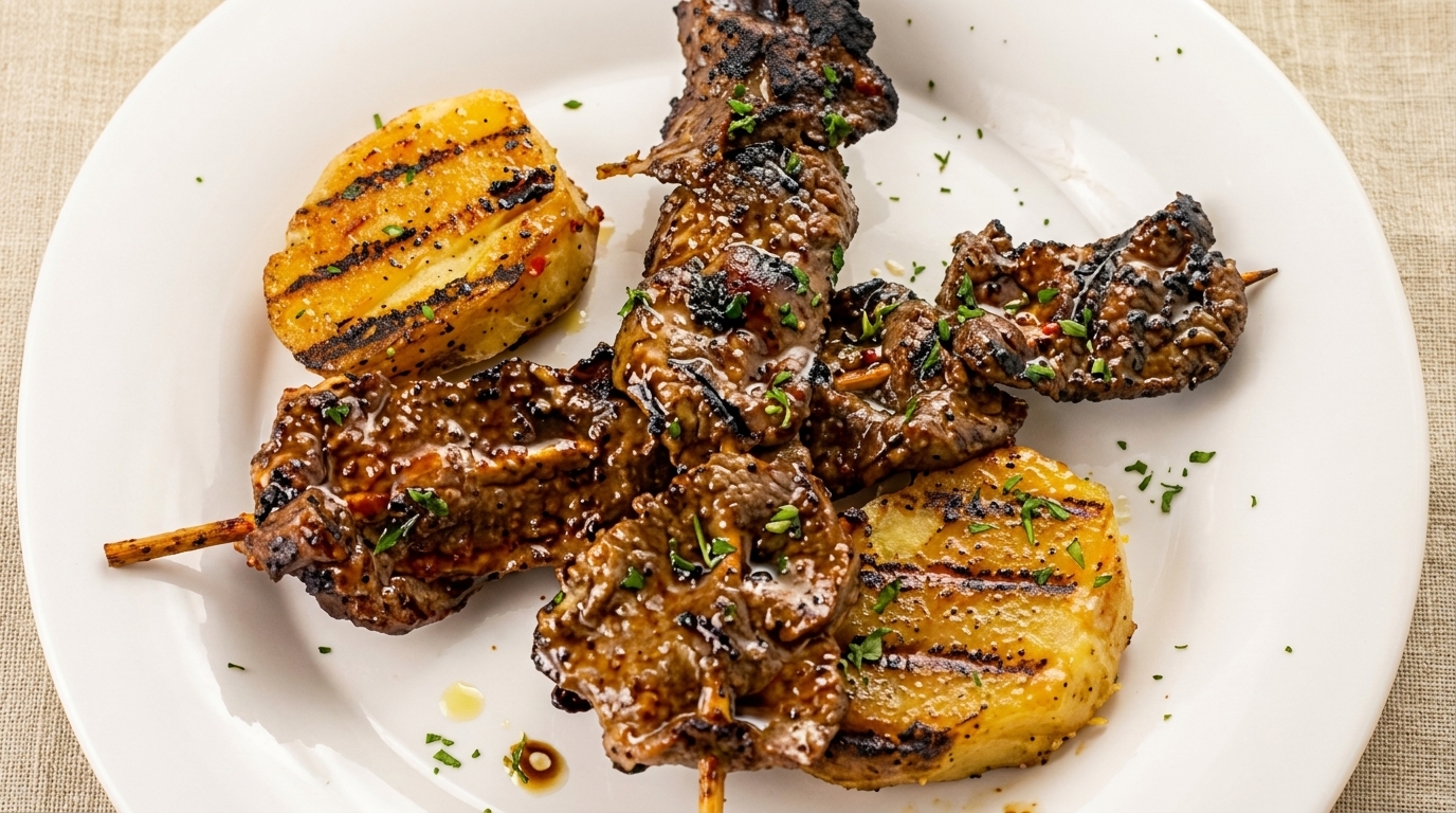 Grilled beef skewers with a savory glaze and two grilled potato halves on a white plate.