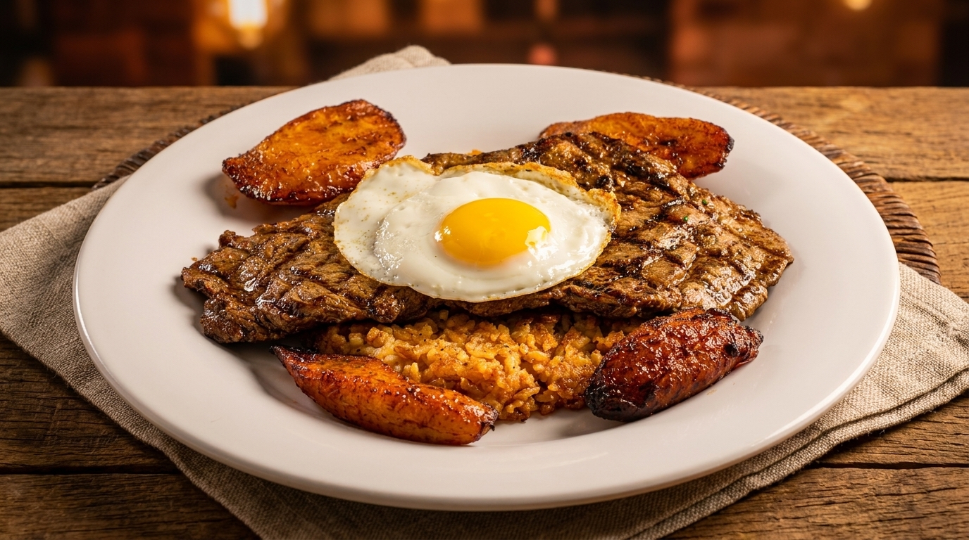Grilled steak topped with a fried egg, served with rice and fried plantains on a white plate.