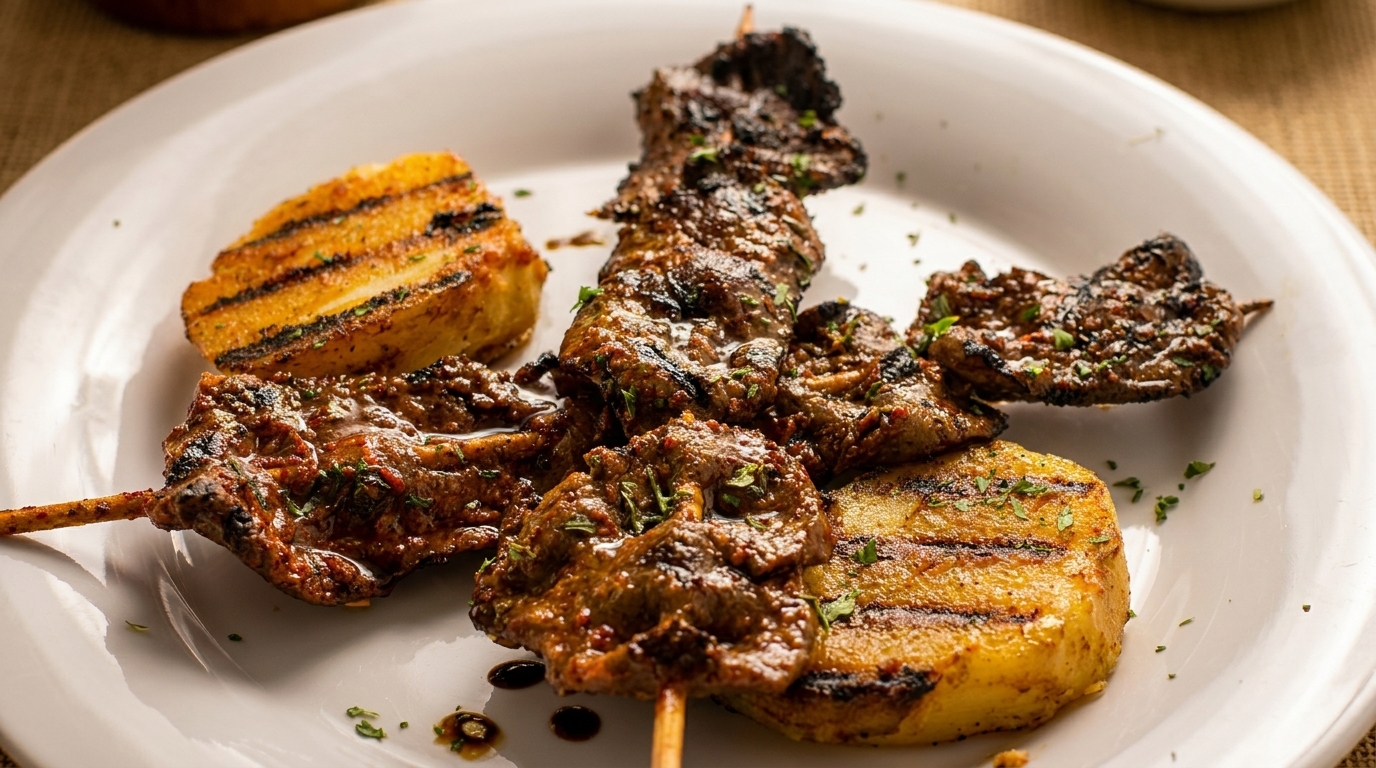 Grilled anticuchos, beef heart skewers, with golden grilled potatoes on a white plate.