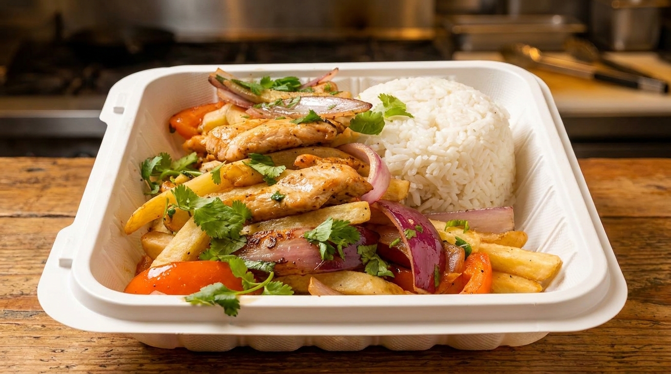 Lomo Saltado with chicken, fries, red onion, tomatoes, and cilantro, served with white rice.