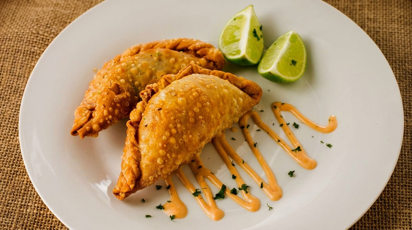 Two golden-brown empanadas with lime wedges and a drizzle of orange sauce on a white plate.