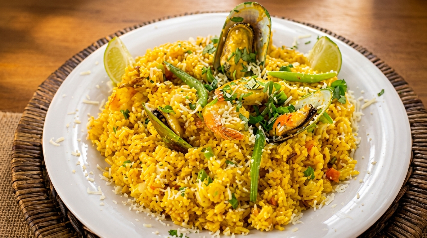 Close-up of a seafood paella with mussels, shrimp, lime, and green beans on a white plate.