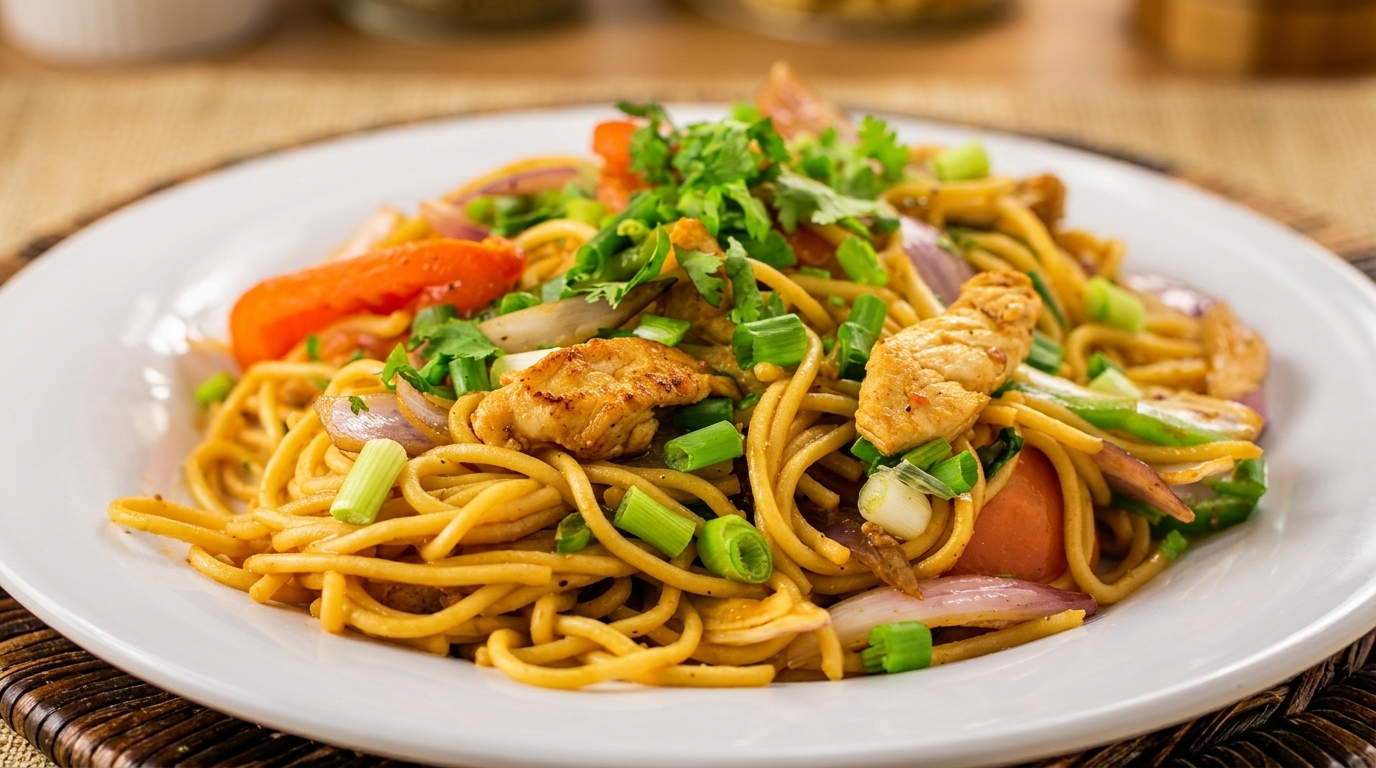 Close-up of chicken lo mein noodles with red onions, tomatoes, and green onions on a white plate.