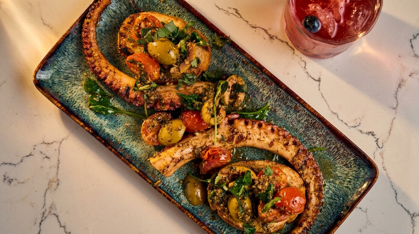 Grilled octopus with cherry tomatoes, green olives, and herbs on a rectangular blue plate.