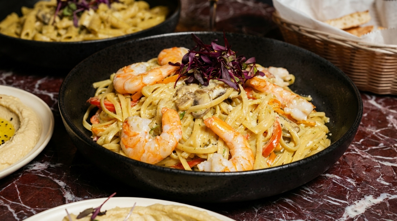 Close-up of a black bowl filled with shrimp linguine pasta, garnished with purple sprouts.