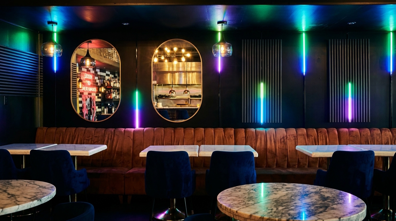 Modern restaurant interior with brown booth seating, marble tables, blue chairs, and colorful neon lighting.