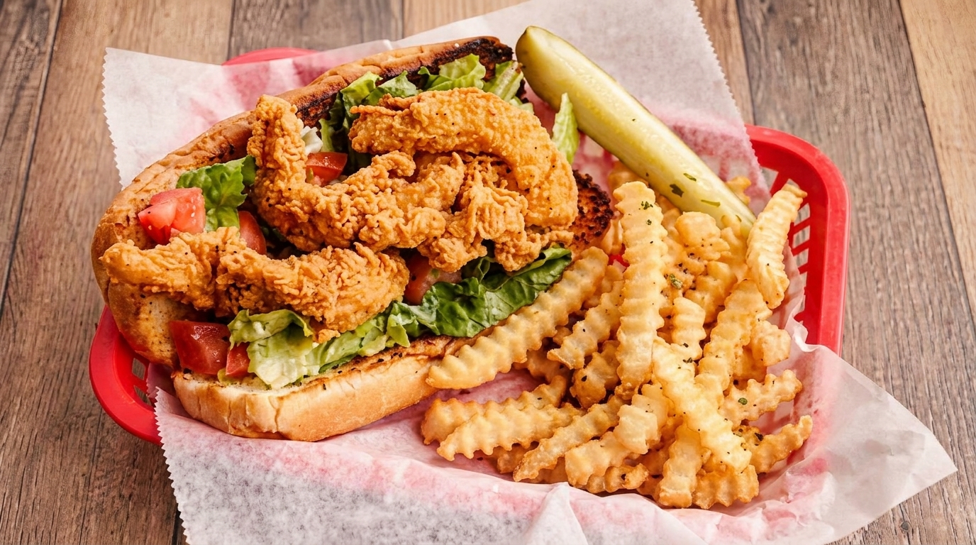 Fried shrimp po'boy with lettuce, tomatoes, crinkle-cut fries, and a pickle spear in a red basket.