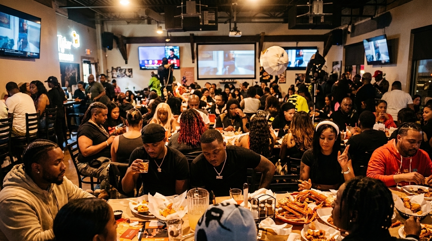 A lively restaurant interior filled with diverse patrons enjoying meals at crowded tables.