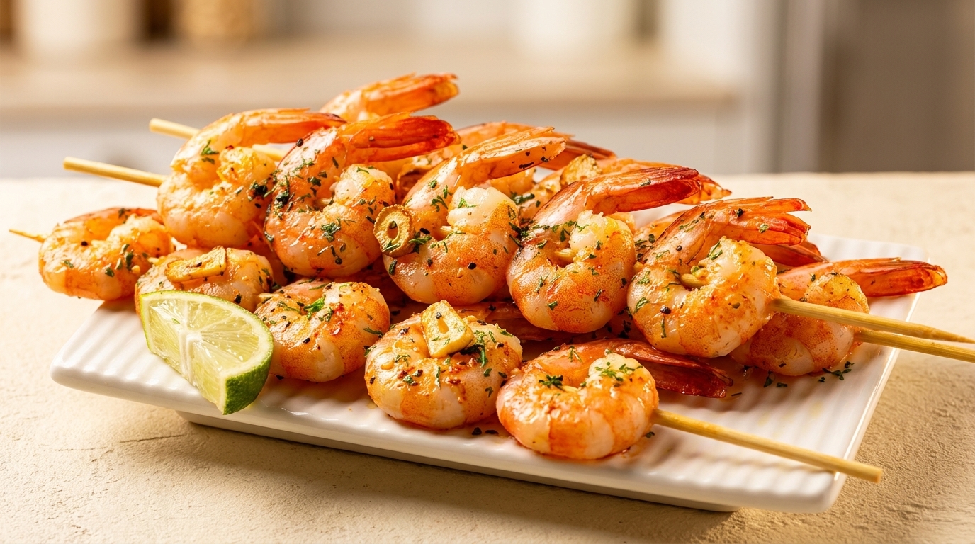 Grilled shrimp skewers with herbs and garlic, garnished with a lime wedge on a white plate.