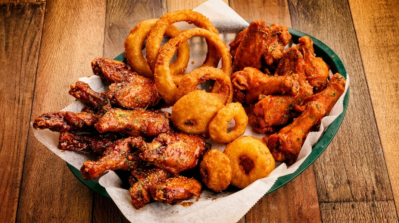 A green basket filled with crispy chicken wings and golden onion rings on a wooden table.
