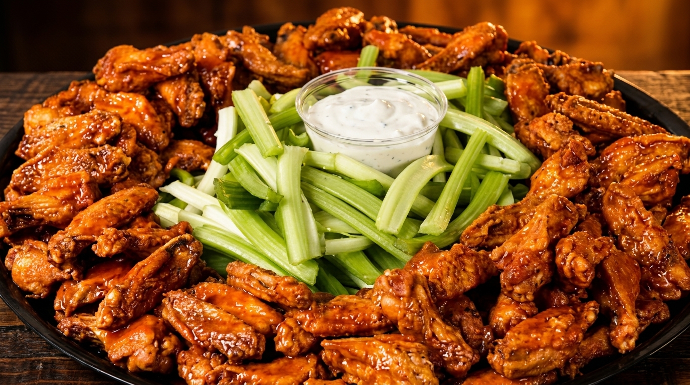 A large platter of glazed chicken wings with celery sticks and a cup of ranch dressing.