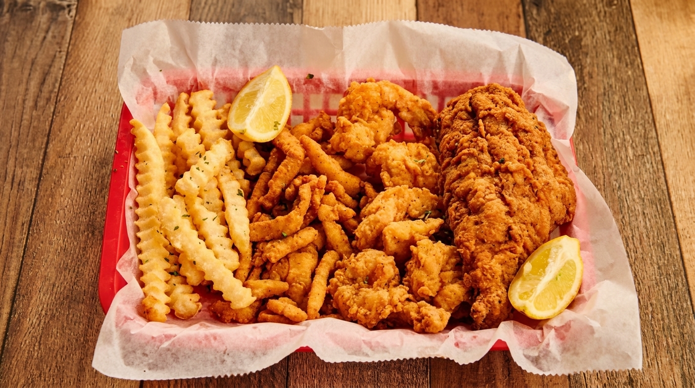 Fried seafood platter with crinkle-cut fries, shrimp, clam strips, and fish, garnished with lemon wedges.