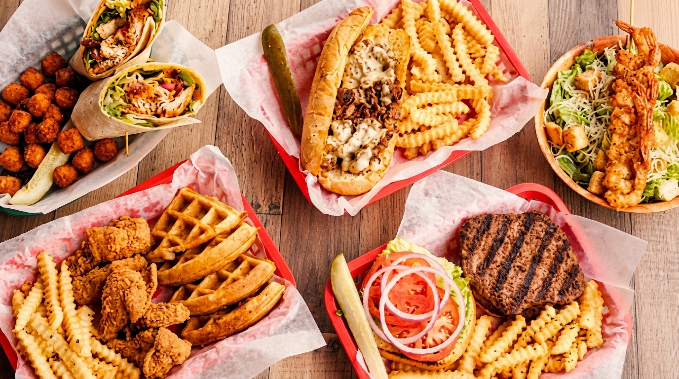 An overhead view of various dishes including wraps, cheesesteak, chicken and waffles, and a burger.