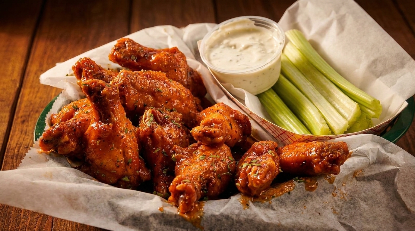 A basket of buffalo chicken wings with ranch dressing and celery sticks on a wooden table.