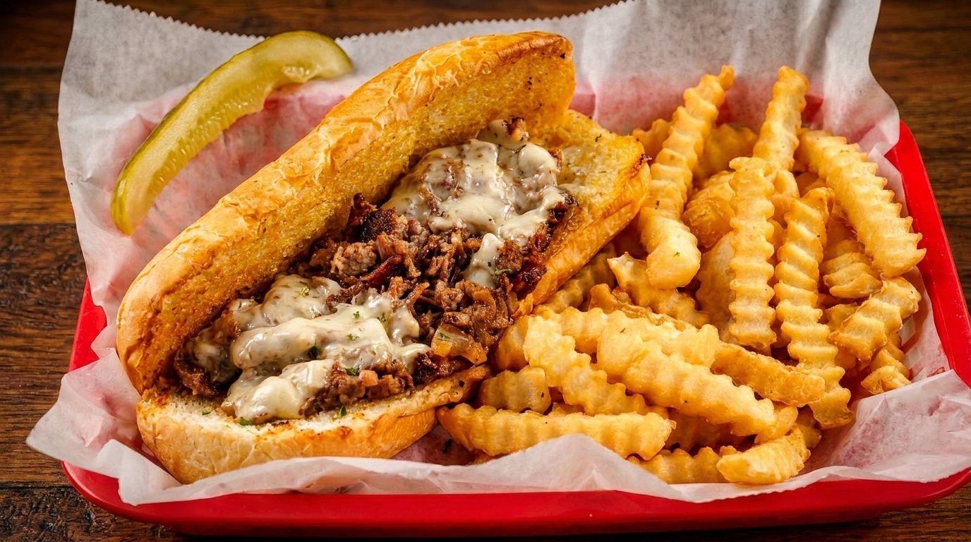 Cheesesteak sandwich with melted cheese and crinkle-cut fries in a red basket with a pickle spear.