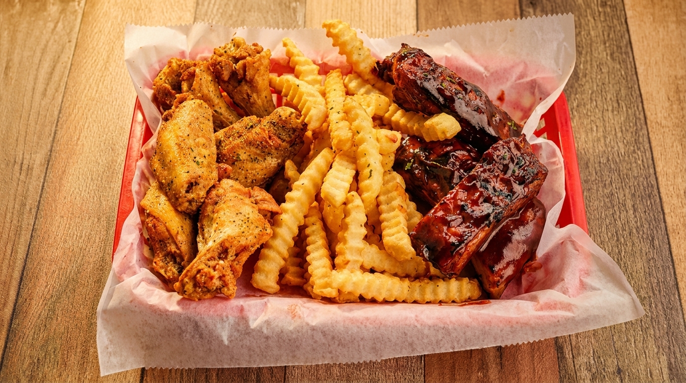 A red basket filled with crispy chicken wings, crinkle-cut fries, and BBQ ribs on a wooden table.