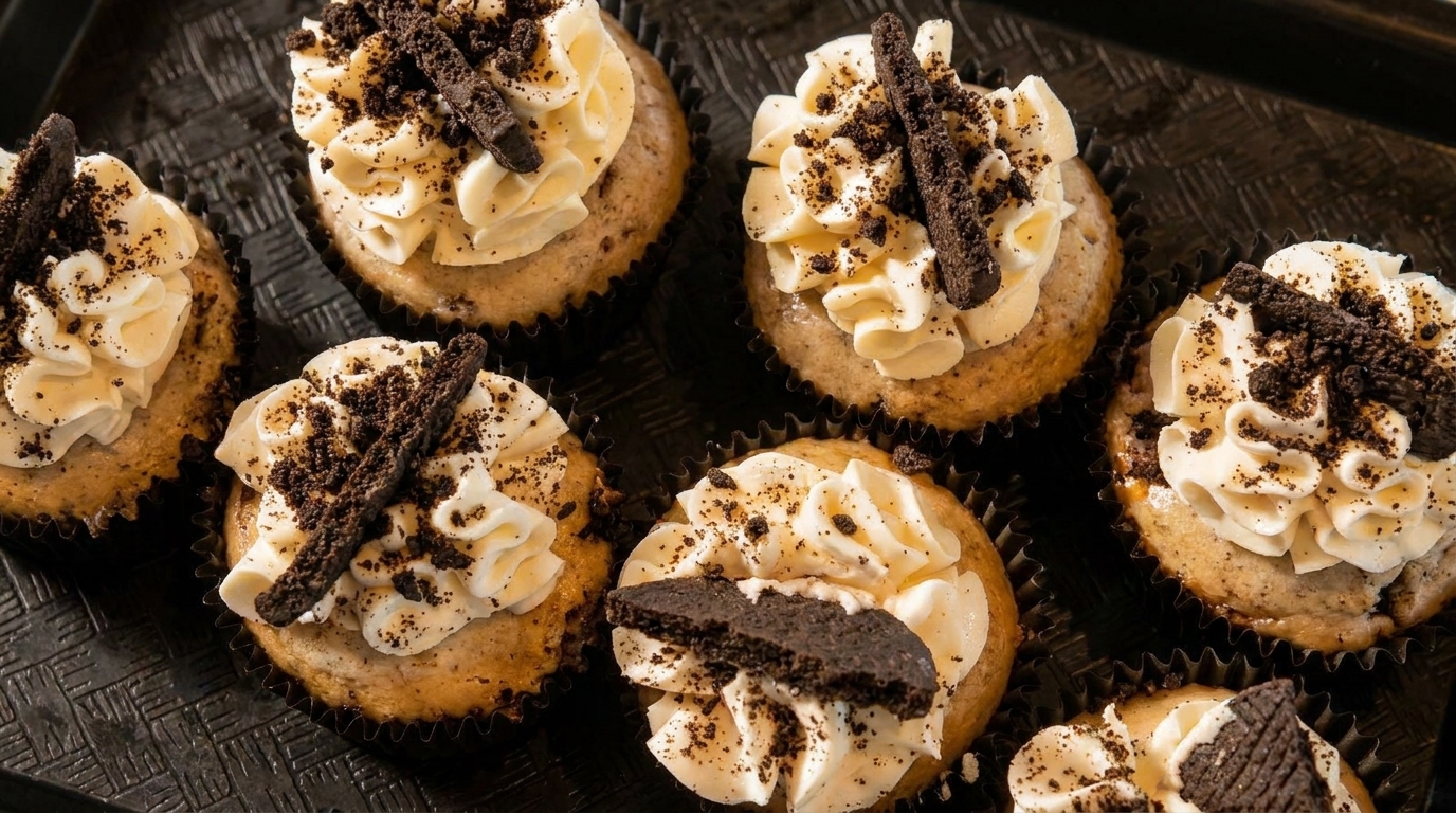 Several cupcakes with white frosting, cookie crumbles, and cookie sticks on a dark tray.