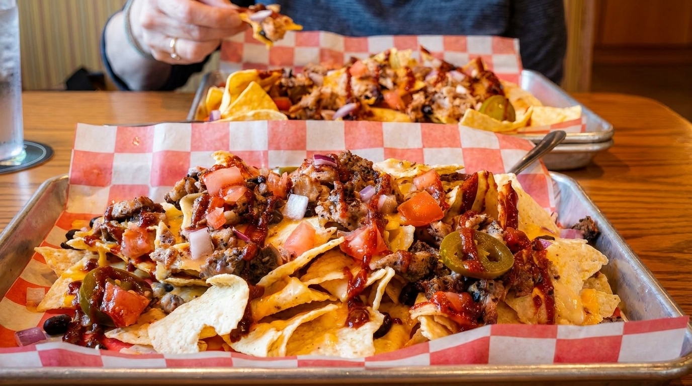 Two trays of loaded nachos with meat, cheese, tomatoes, and jalapeños on a wooden table.