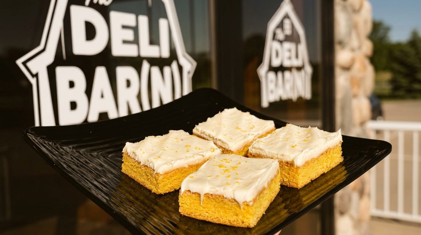 Four frosted lemon bars on a black plate, with "The Deli Barn" sign in the background.