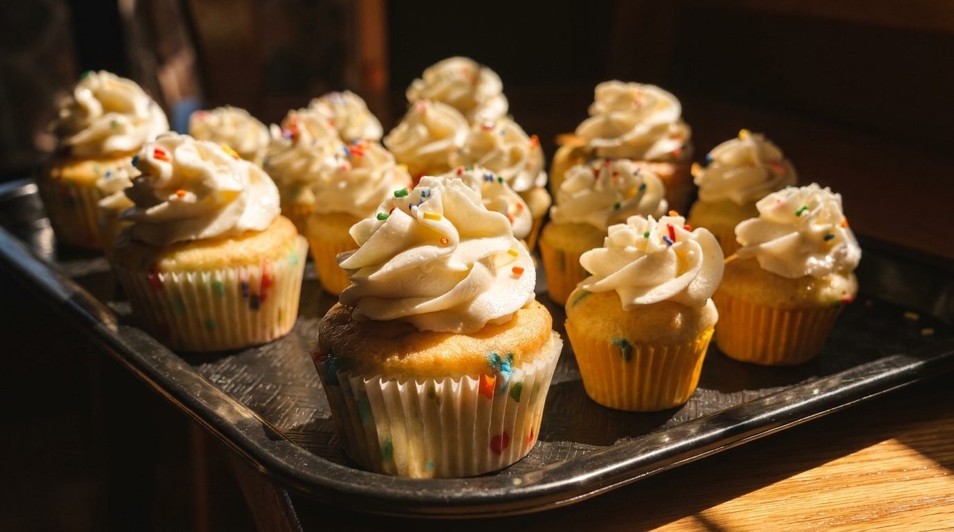 A tray of vanilla cupcakes with white frosting and colorful sprinkles, bathed in warm sunlight.
