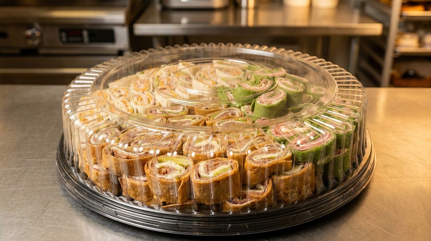 A large platter of various pinwheel wraps, including green and brown tortillas, under a clear lid.