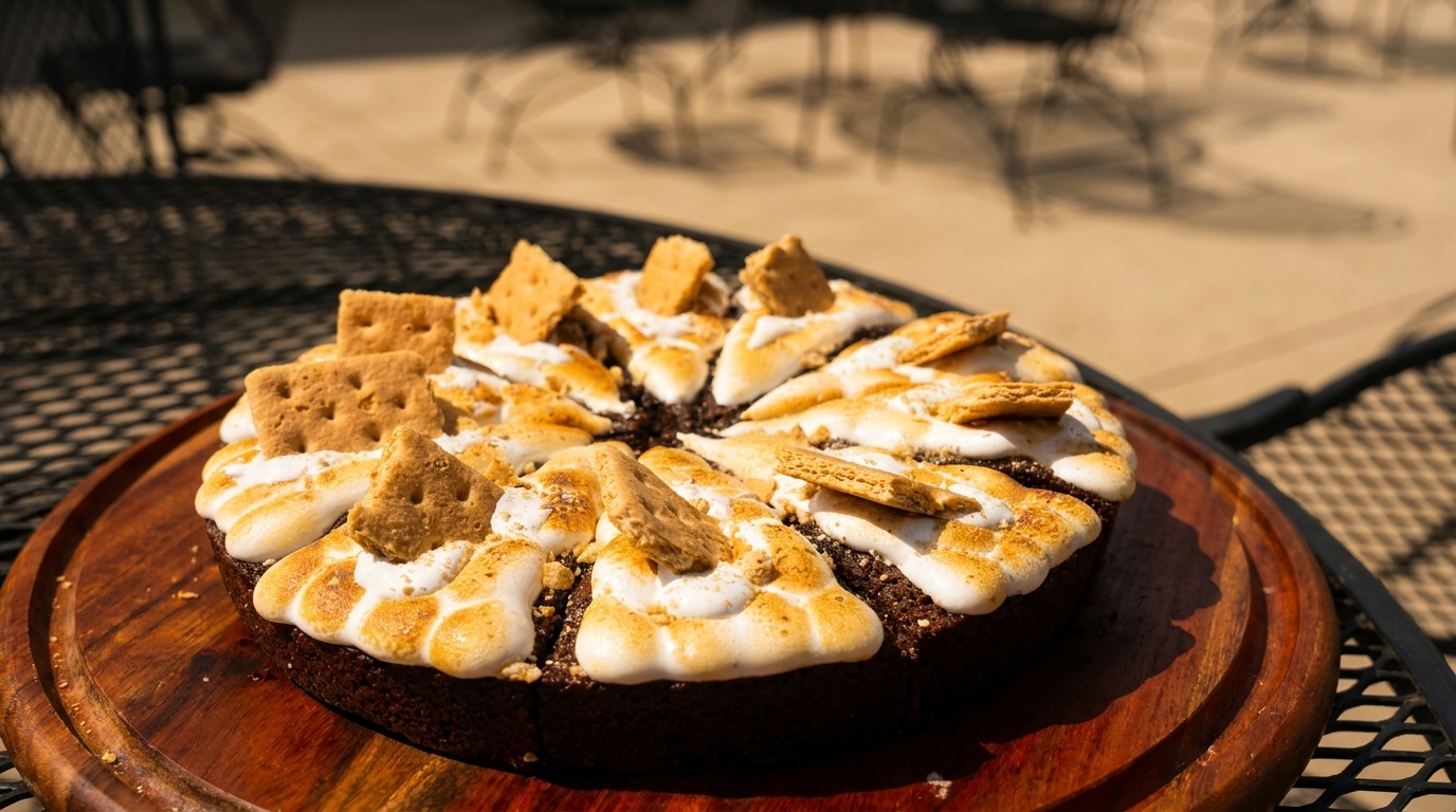 S'mores brownie cake with toasted marshmallow and graham cracker pieces on a wooden board outdoors.