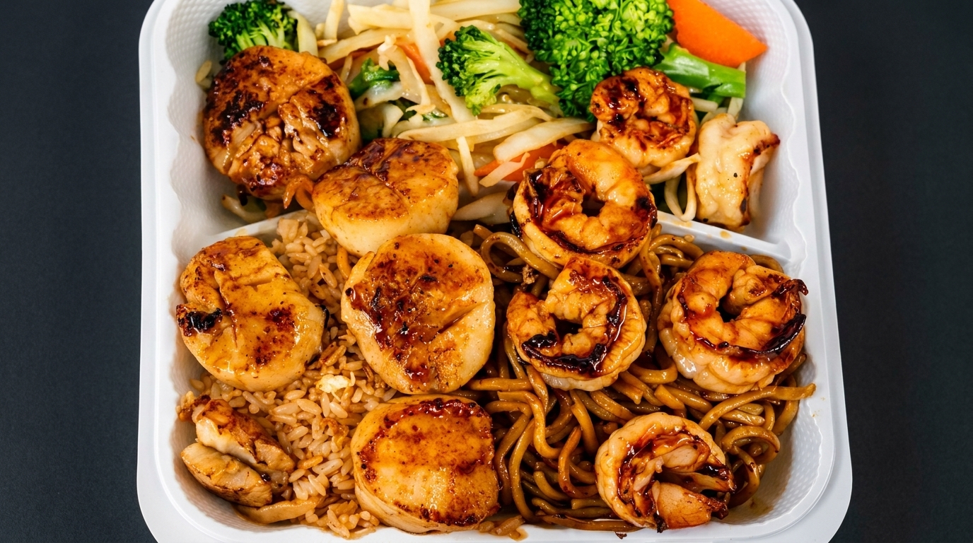 A takeout container filled with grilled scallops, shrimp, fried rice, noodles, broccoli, and carrots.