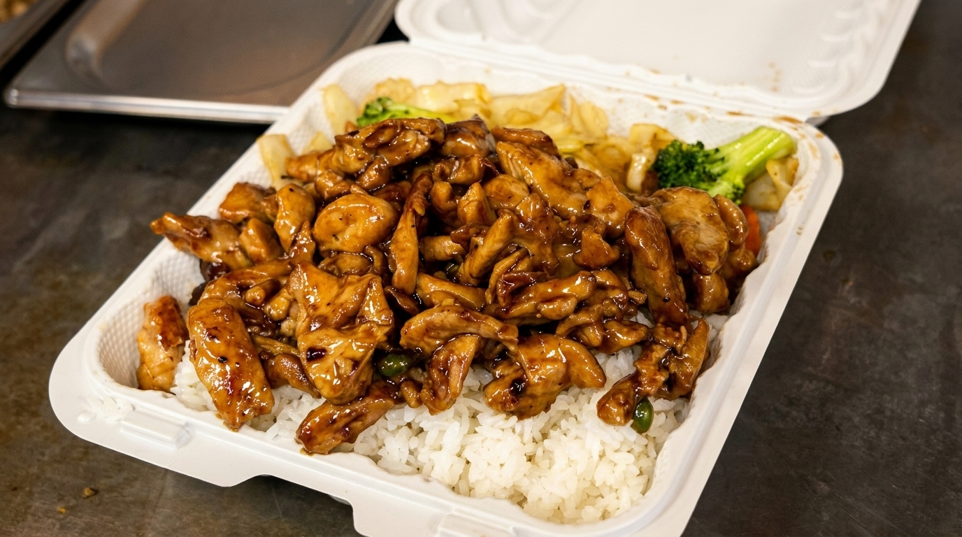Teriyaki chicken with rice, broccoli, and vegetables in a white takeout container.