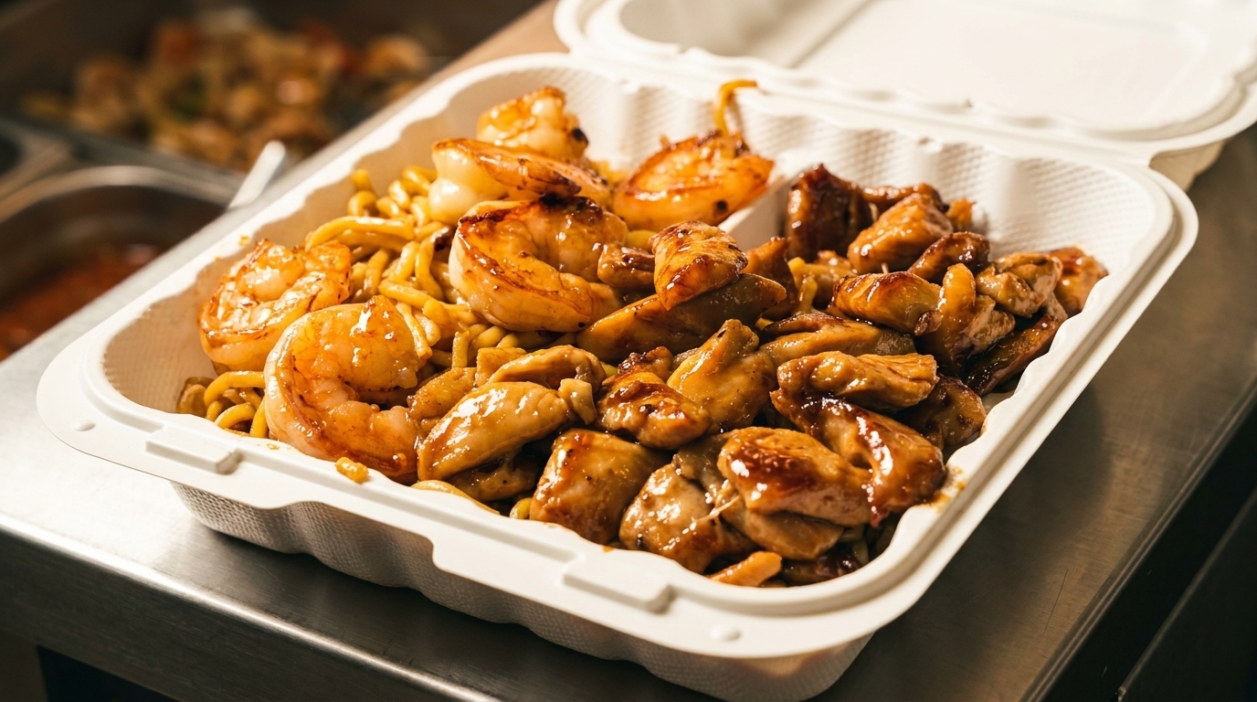 Takeout container filled with golden-brown shrimp, chicken, and noodles, ready to eat.