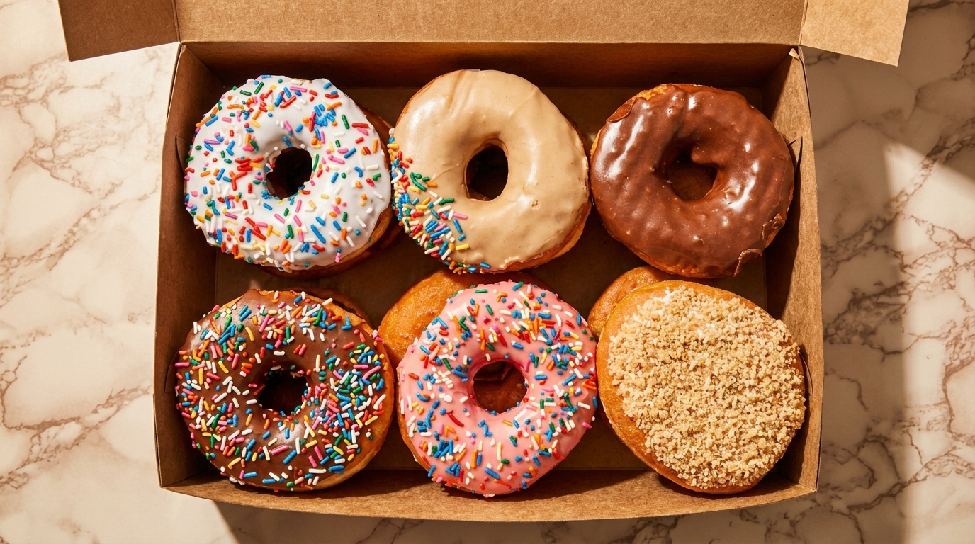 A box of six assorted donuts with various colorful frostings and sprinkles on a marble surface.