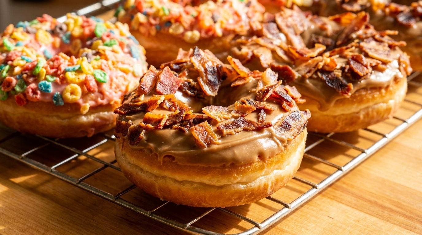 Assortment of gourmet donuts, including bacon-topped and Fruity Pebbles-covered, on a cooling rack.