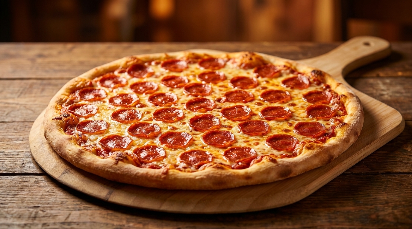 A whole pepperoni pizza with melted cheese on a wooden pizza peel, on a rustic wooden table.