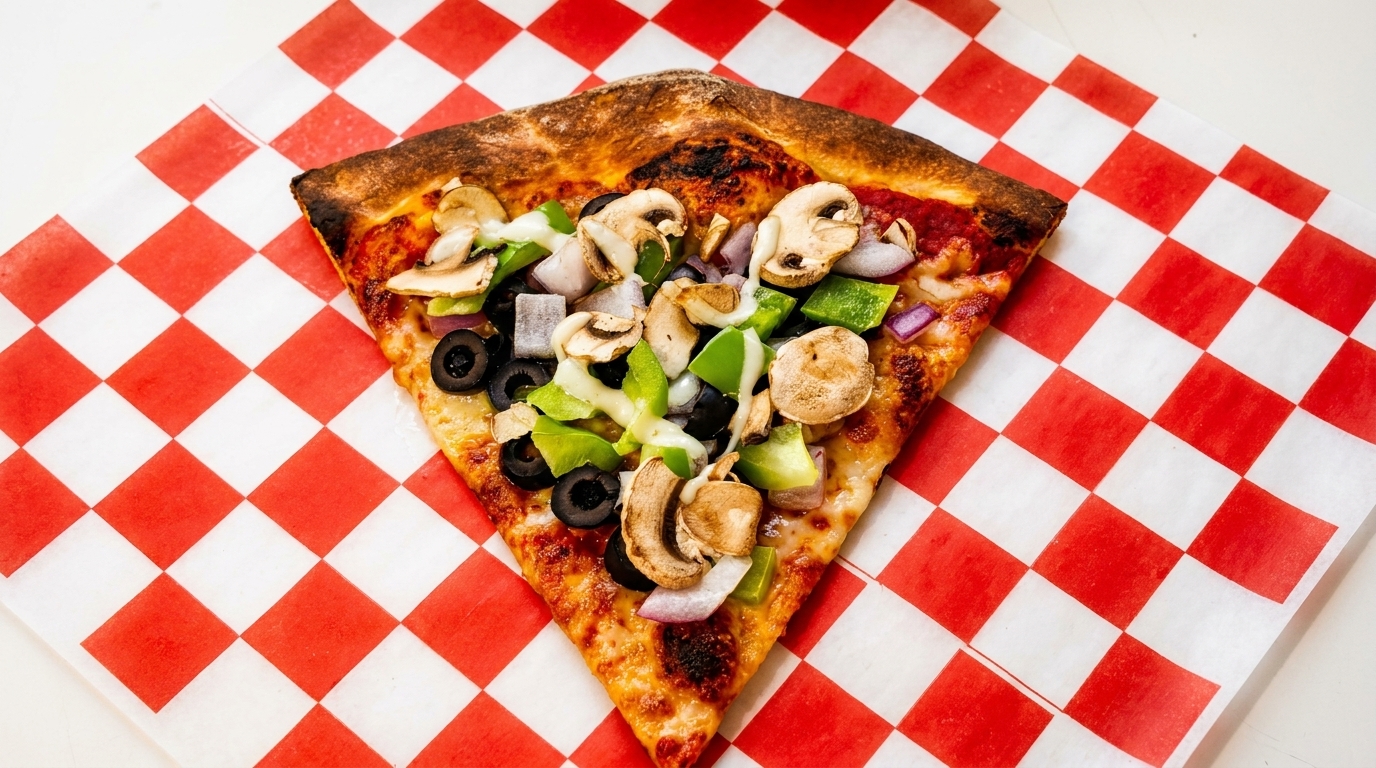 A slice of pizza with mushrooms, olives, green peppers, and red onions on checkered paper.