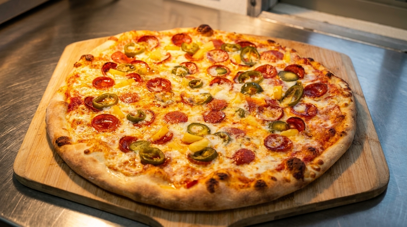 A whole pepperoni, pineapple, and jalapeño pizza on a wooden peel, ready to serve.