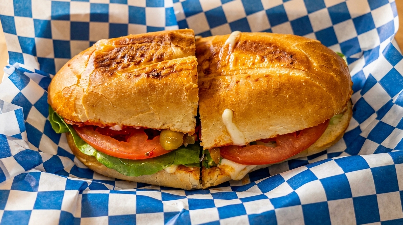 A toasted sandwich, cut in half, with melted cheese, lettuce, tomatoes, and olives in blue checkered paper.
