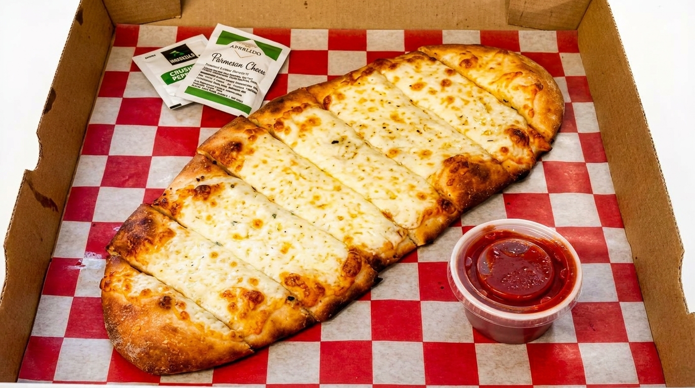 Cheesy breadsticks with marinara sauce and seasoning packets in a pizza box with red and white checkered paper.