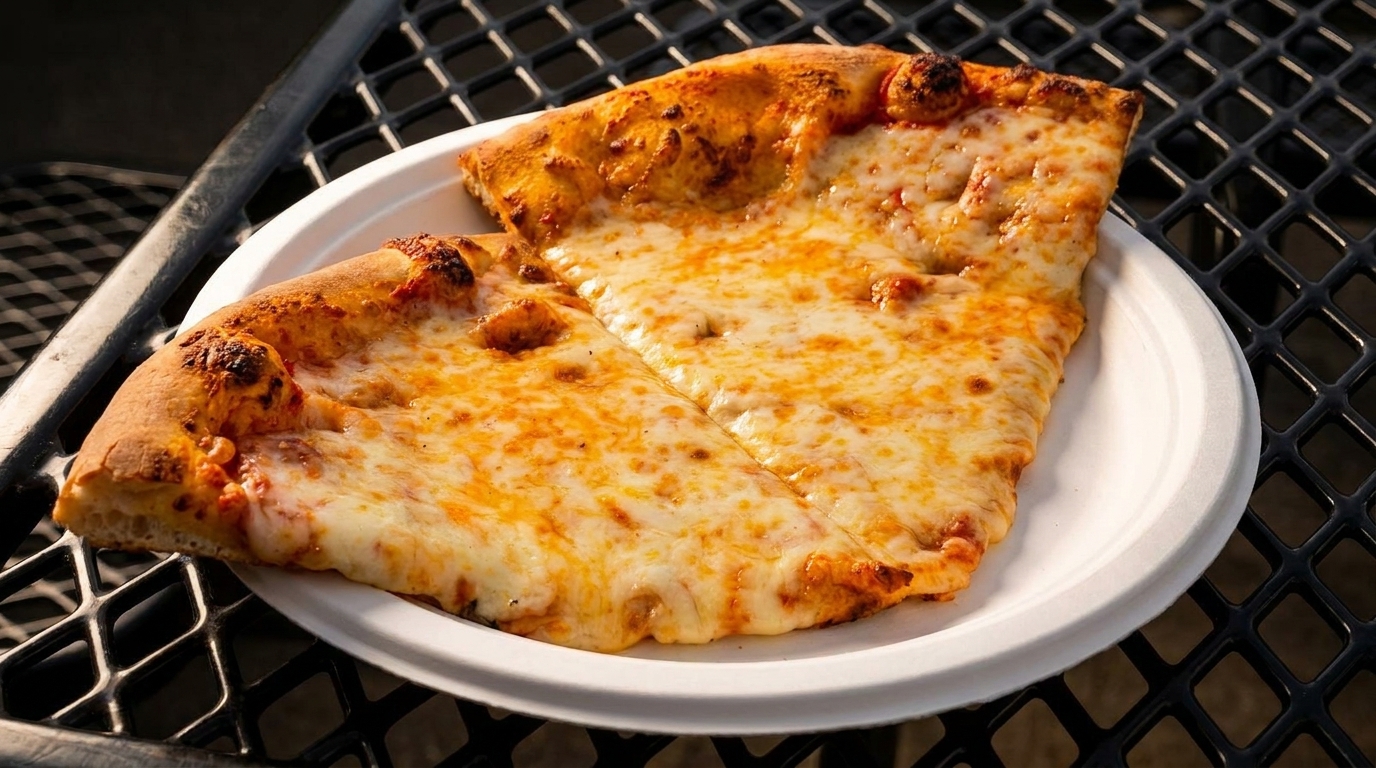 Two slices of cheese pizza with a golden crust on a white paper plate, on a black metal table.