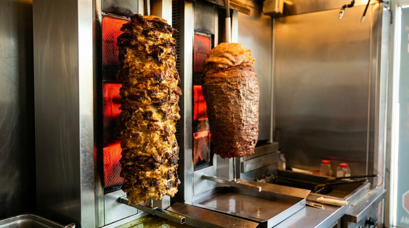 Two large vertical spits of meat, one light and one dark, cooking on a rotisserie.