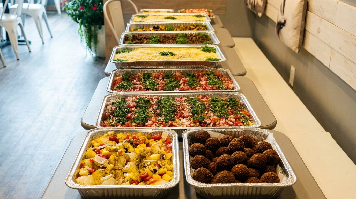 A long table filled with aluminum catering trays of various Middle Eastern dishes, including falafel and salads.