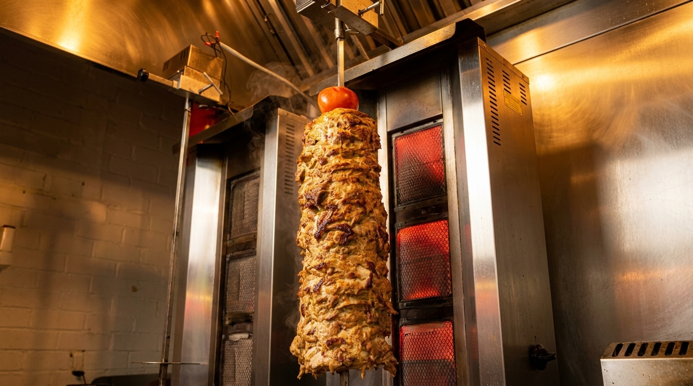 A large vertical rotisserie of shawarma meat cooking with a tomato on top, next to glowing red heaters.