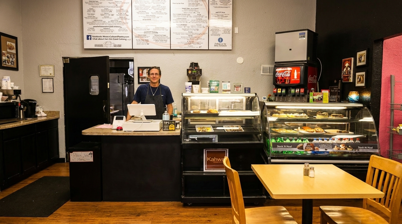 A man in an apron stands behind a counter with a pastry display case and soda fountain.