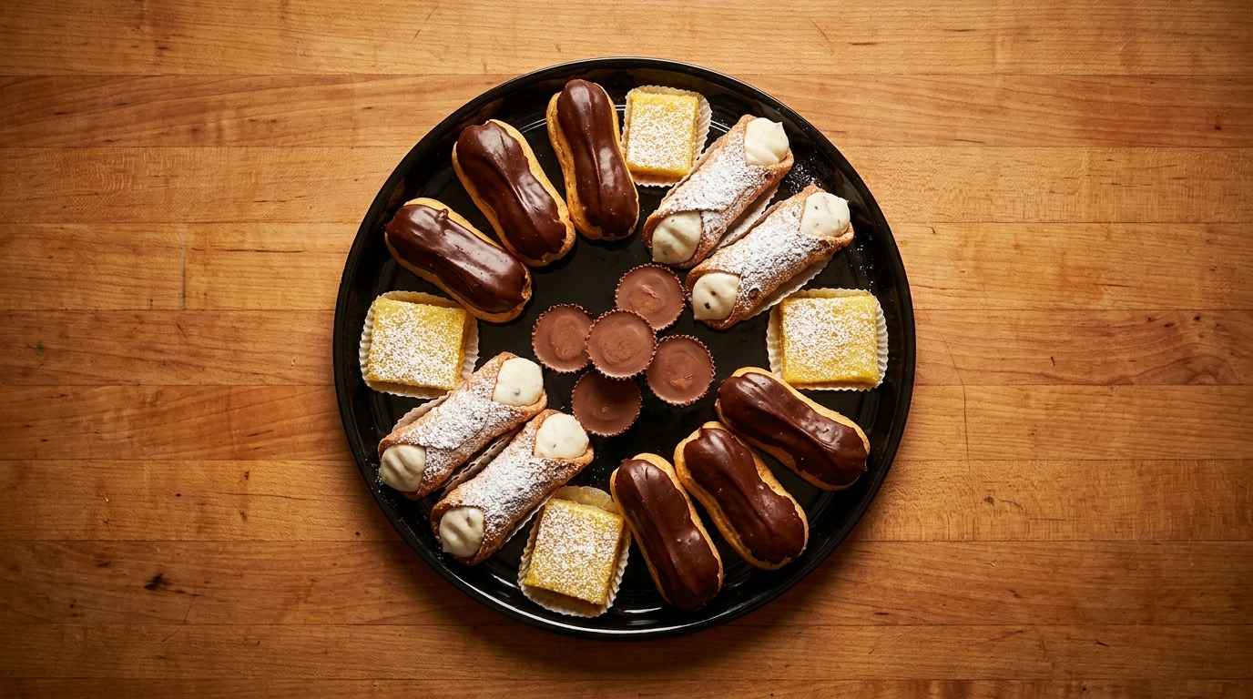 A black platter of chocolate eclairs, cannolis, lemon bars, and peanut butter cups on a wooden table.