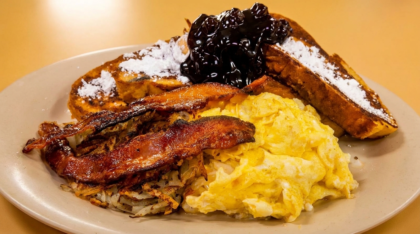 A breakfast plate with French toast, blueberry topping, bacon, hash browns, and scrambled eggs.