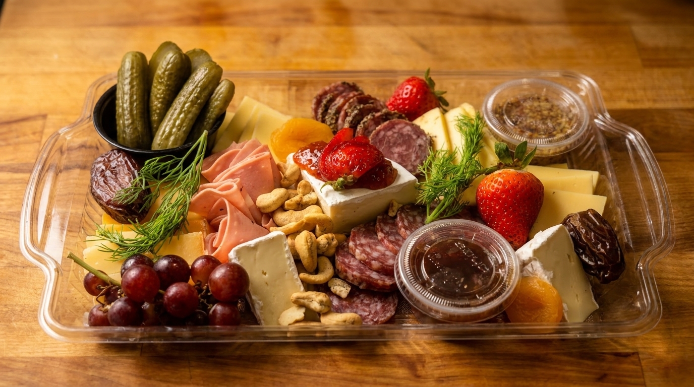 A charcuterie board with cheeses, meats, fruits, nuts, pickles, and dips on a wooden table.