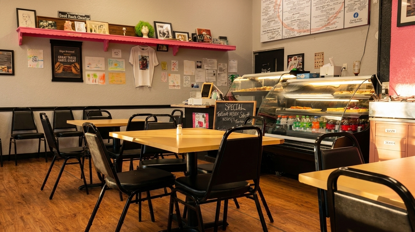 Interior of a casual restaurant with wooden tables, black chairs, a deli case, and wall decor.
