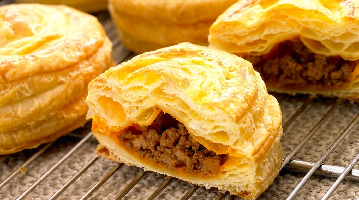 Golden-brown puff pastry filled with savory ground meat, one cut open to show the filling.