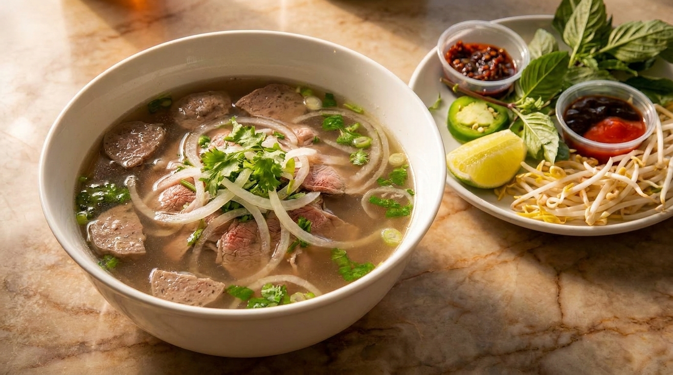 A bowl of pho with beef, noodles, and herbs, alongside a plate of garnishes.
