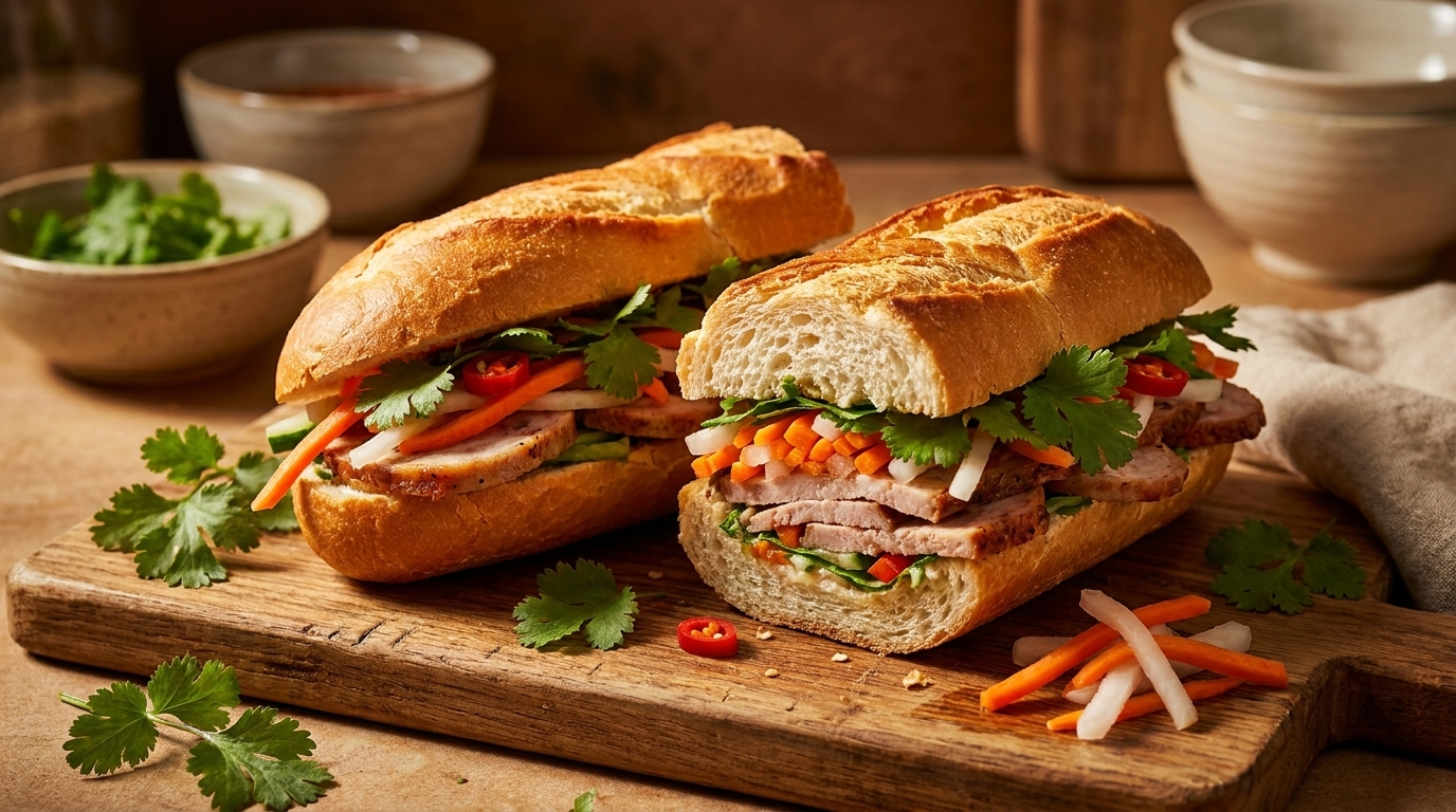 Two Vietnamese bánh mì sandwiches with pork, pickled vegetables, and cilantro on a wooden board.