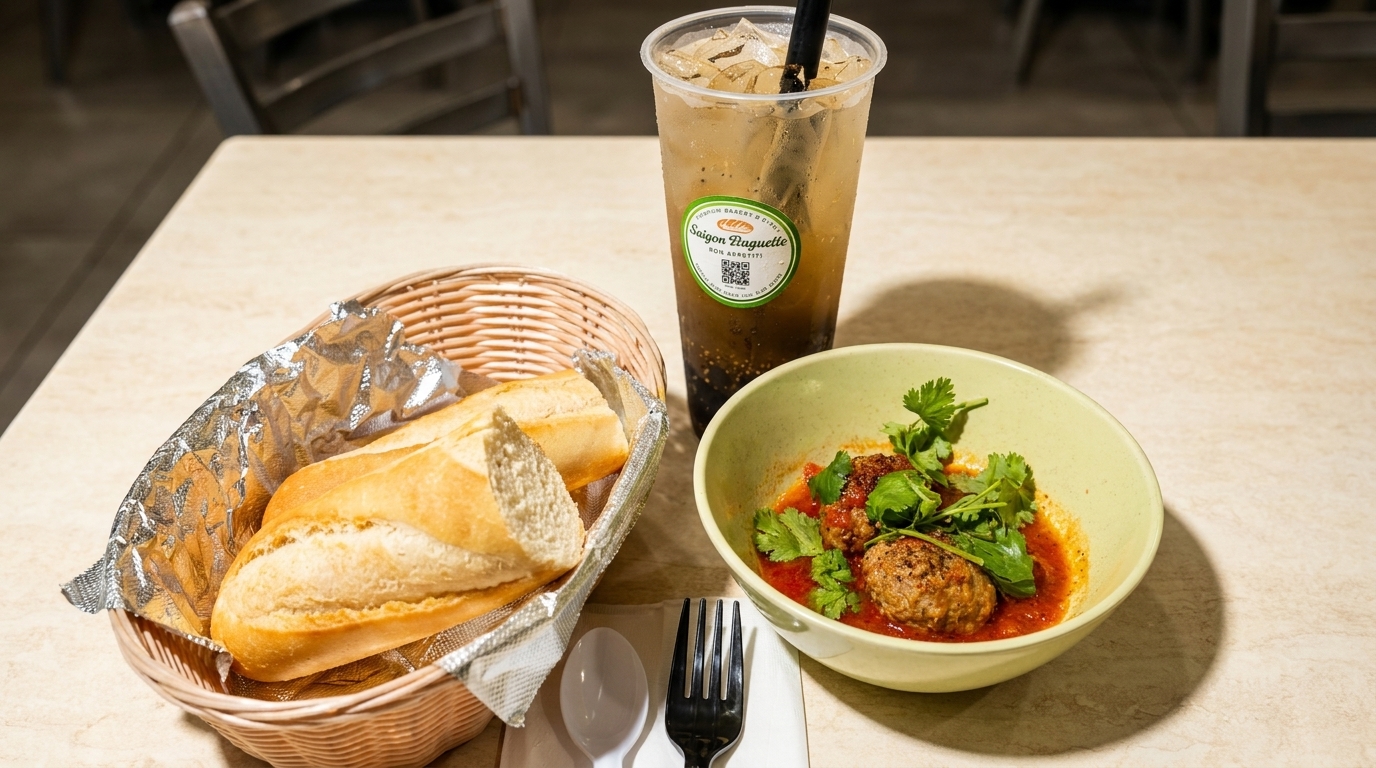 A basket of baguettes, a drink from Saigon Baguette, and a bowl of meatballs in tomato sauce.